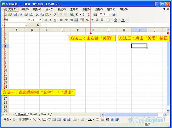 方法一：点击菜单栏“文件”→“退出”。方法二：击右键“关闭”。方法三：点击“关闭”按钮。