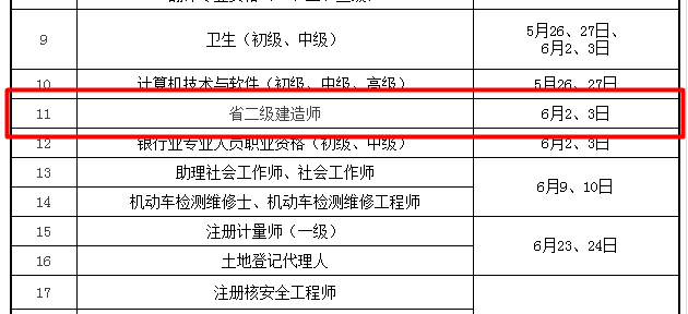 2018年二级建造师考试时间：6月2、3日